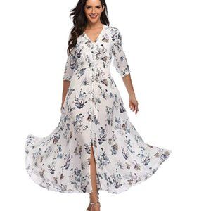 Women Button Up Split Long Flowy Floral Maxi Dress